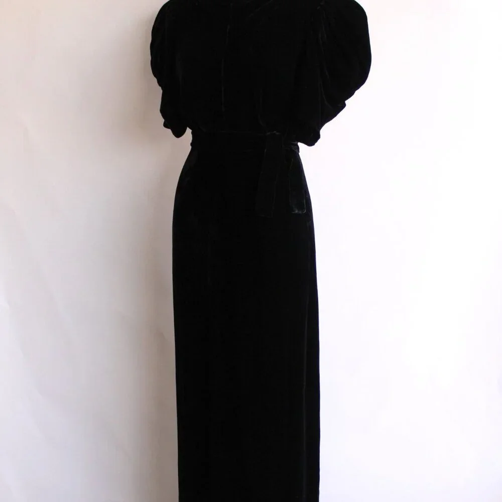 Vintage 1930s Dress, Kiviette Black Silk Velvet Rare Full Length Gown, Couture - Picture 7 of 13